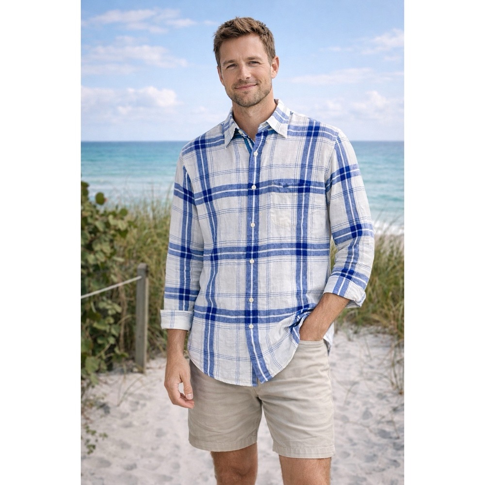 BROOKS BROTHERS Linen Shirt Slim Fit Blue White Plaid LS Button Down Men's XL